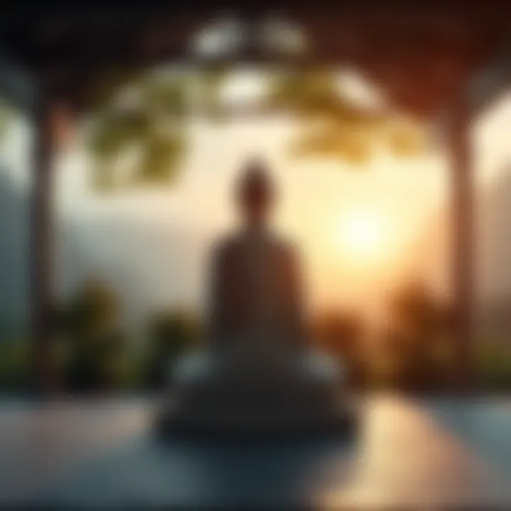 A serene setting with a person meditating in a peaceful garden, symbolizing transformation and mental clarity through secular Buddhism.
