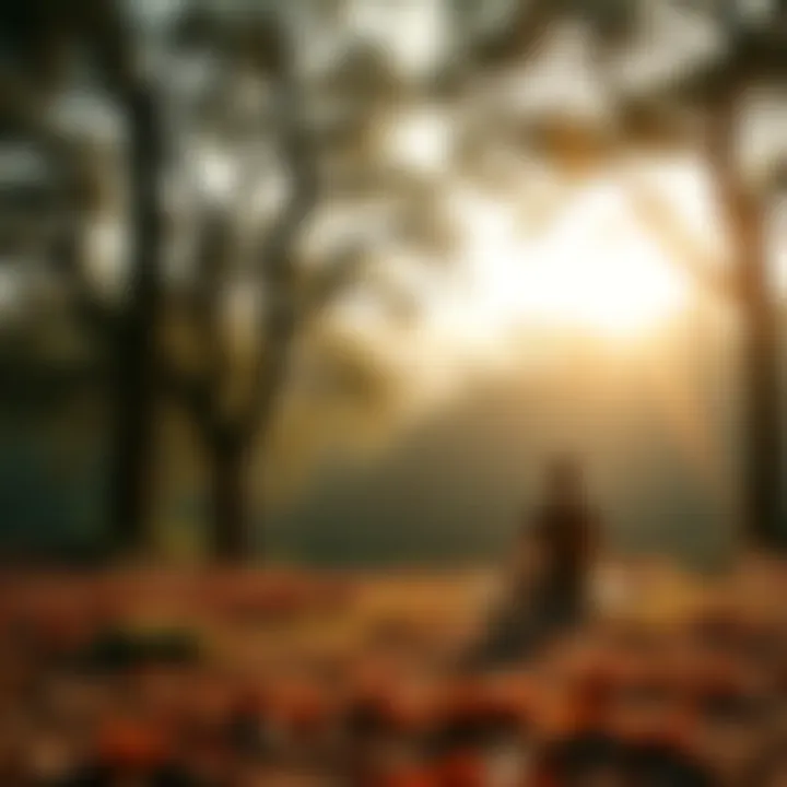 A serene setting featuring a person meditating in nature, surrounded by trees and soft sunlight, symbolizing mindfulness and reflection on self-identity.