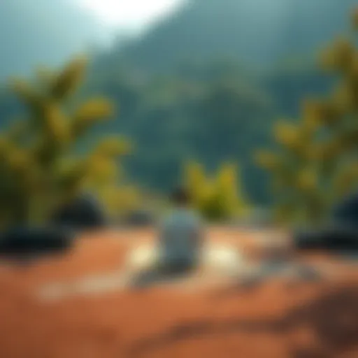 A peaceful setting with a person meditating on a mat surrounded by nature, symbolizing calmness and focus through Buddhist practices.