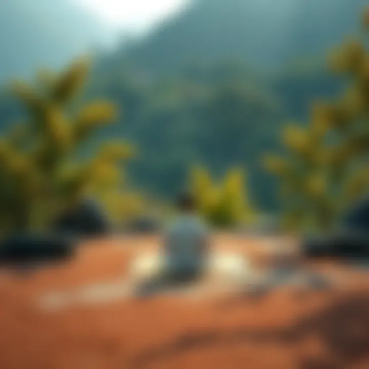 A peaceful setting with a person meditating on a mat surrounded by nature, symbolizing calmness and focus through Buddhist practices.