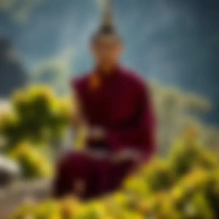 A serene setting with a monk meditating in nature, emphasizing peace and reflection related to ethics in Dzogchen Buddhism.