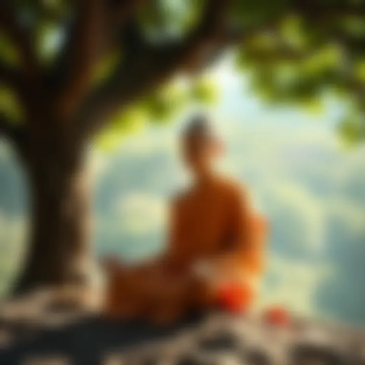 Buddhist Meditation Scene A serene Buddhist monk meditating under a tree, embodying higher morality, concentration, and wisdom.