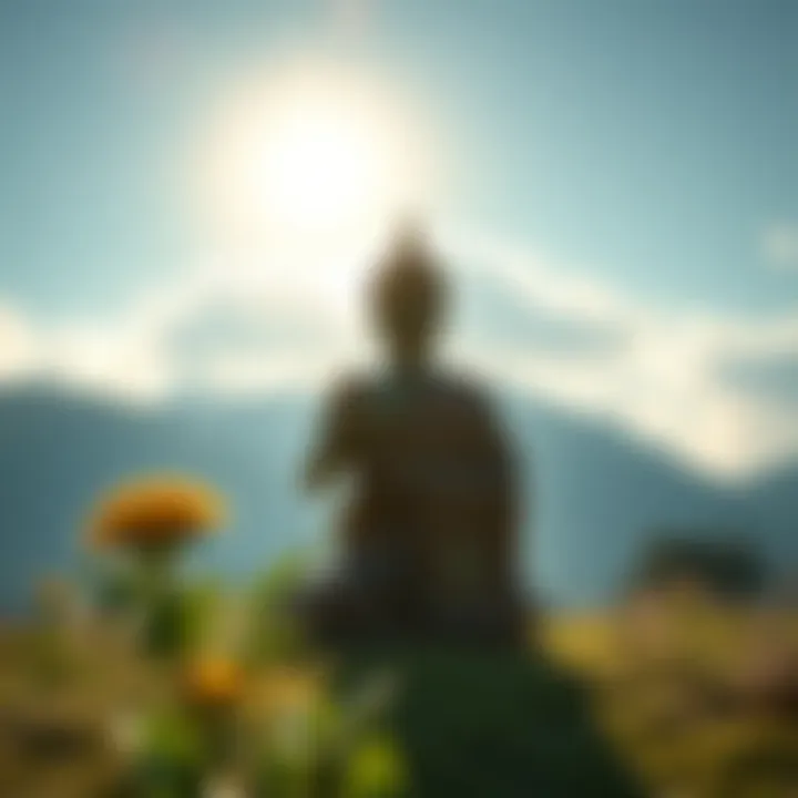 A person practicing meditation outdoors surrounded by nature, representing the teachings of Buddhism.