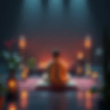 Buddhist meditation scene A serene setting with a person meditating on a cushion surrounded by candles and plants, promoting mental peace and support during tough times.