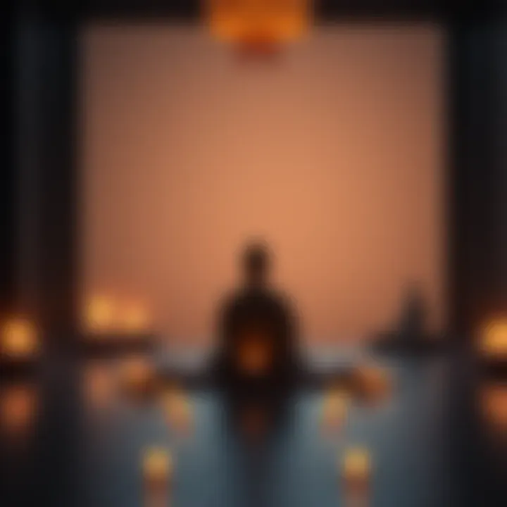 A serene space with a person sitting on a cushion meditating, surrounded by candles and a small Buddha statue, reflecting on their practice.