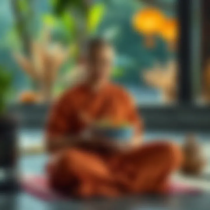 A Buddhist monk sits peacefully with a bowl of vegetarian food, surrounded by natural elements symbolizing the lunar month.
