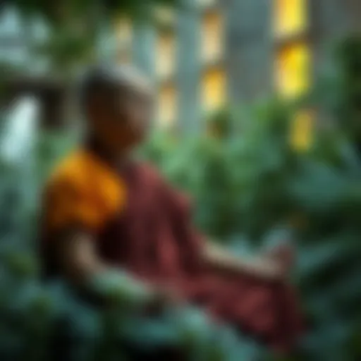 A serene Buddhist monk meditating with cannabis leaves surrounding him, reflecting on the topic of marijuana use in Buddhism.