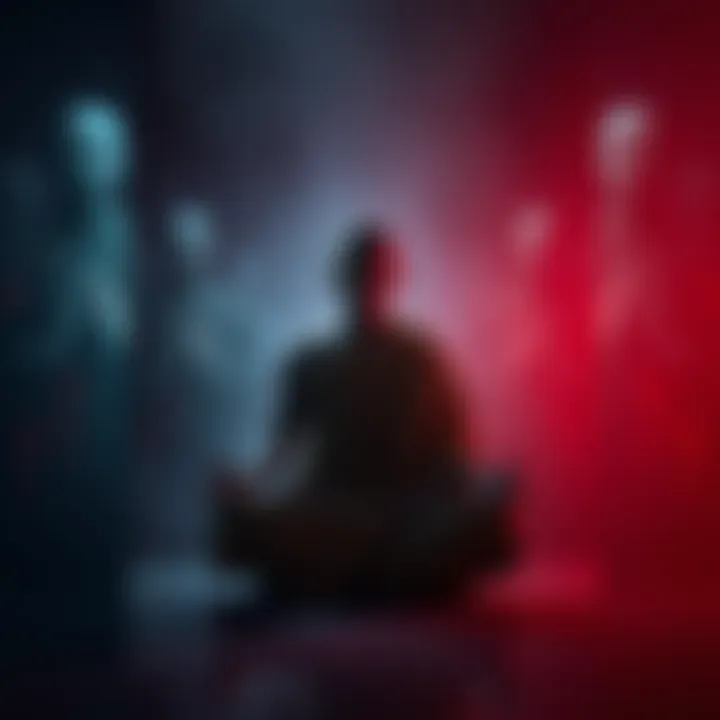 A Buddhist monk sits in meditation, surrounded by blurred, shadowy images representing personal struggles and kinks, symbolizing the internal conflict between spirituality and desires