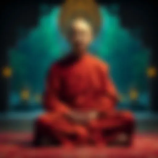 A Buddhist monk sitting in meditation, reflecting on moral teachings and the 5th precept about intoxication.