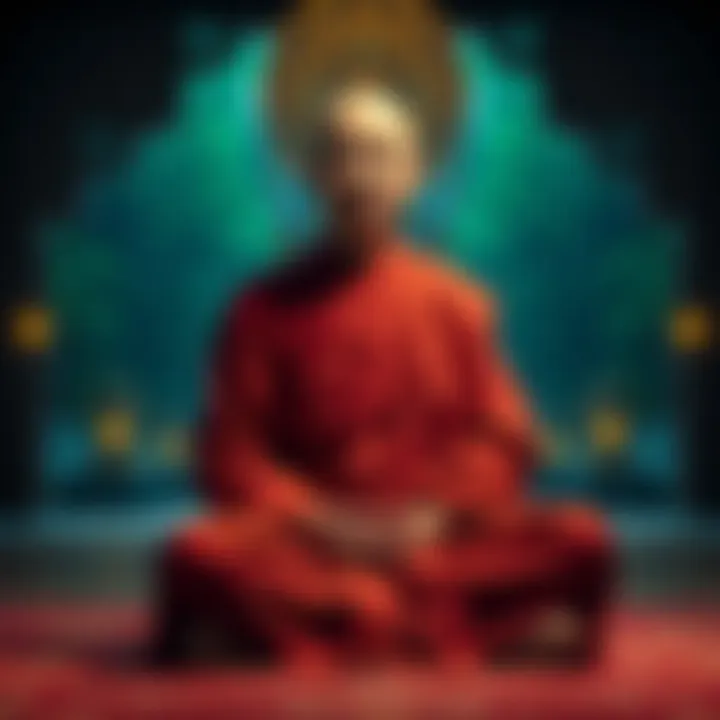 A Buddhist monk sitting in meditation, reflecting on moral teachings and the 5th precept about intoxication.