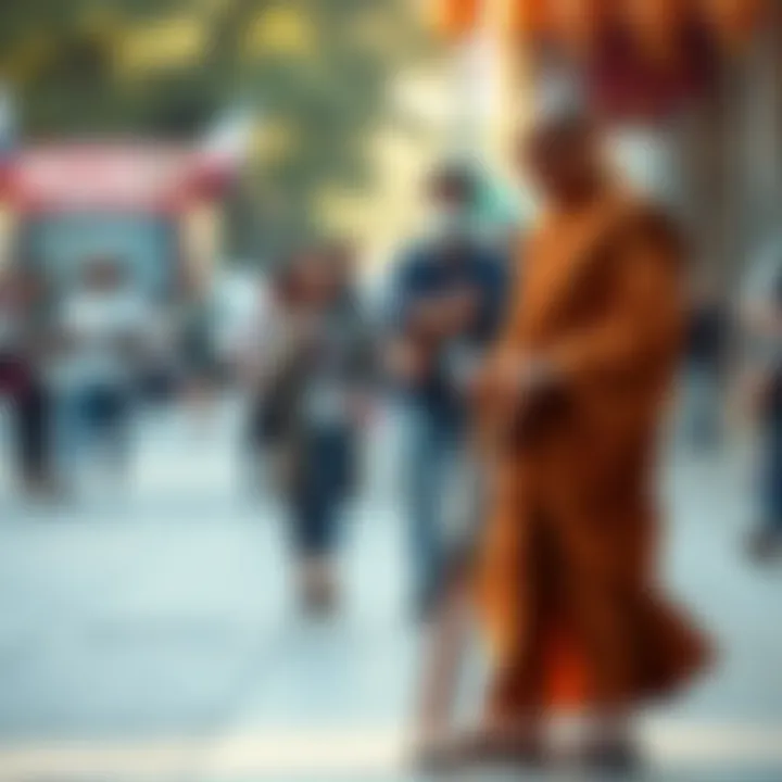 A Buddhist monk using crutches, showing a supportive community around him after his leg amputation. He is dressed in traditional robes, surrounded by concerned people offering help.
