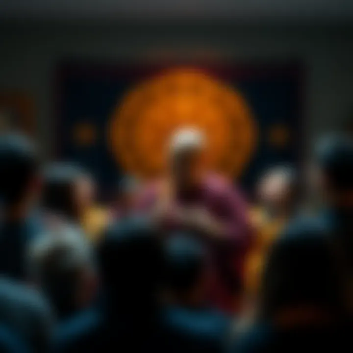 Buddhist monk giving a talk A Buddhist monk sharing insights during a dharma talk, surrounded by an engaged audience listening attentively.