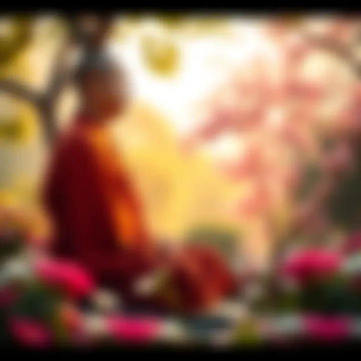 A serene Buddhist monk in traditional robes meditating in a peaceful garden setting, surrounded by flowers and trees, representing enlightenment in Mahayana Buddhism.