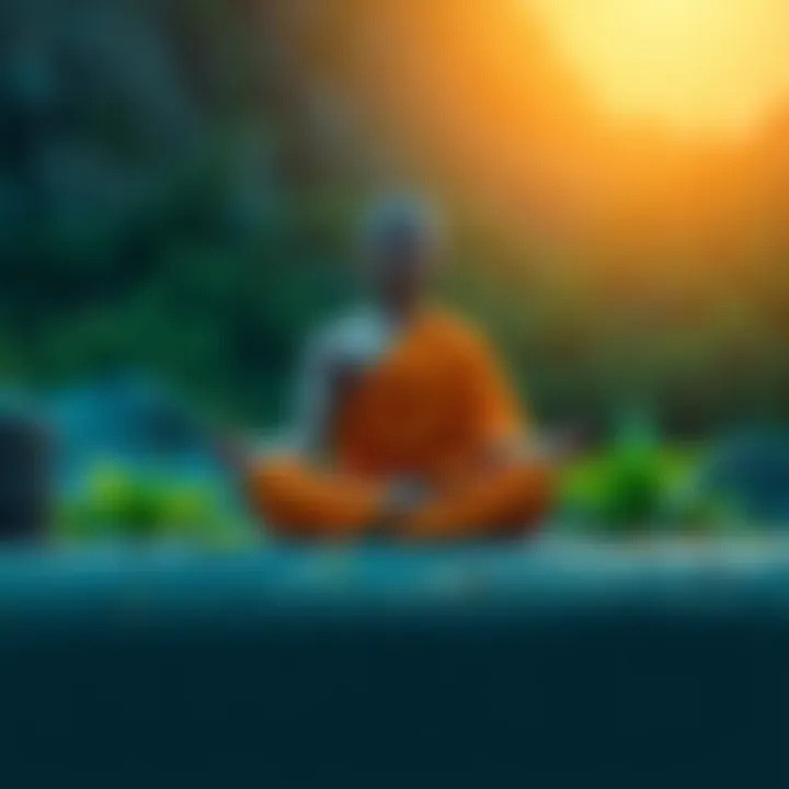 A Buddhist monk sits cross-legged in meditation surrounded by nature, symbolizing peace and detachment from material possessions.