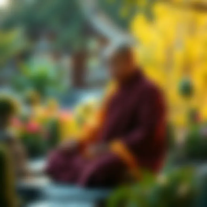 A Buddhist monk meditating in a serene garden, reflecting on life after death and spiritual beliefs, surrounded by nature.