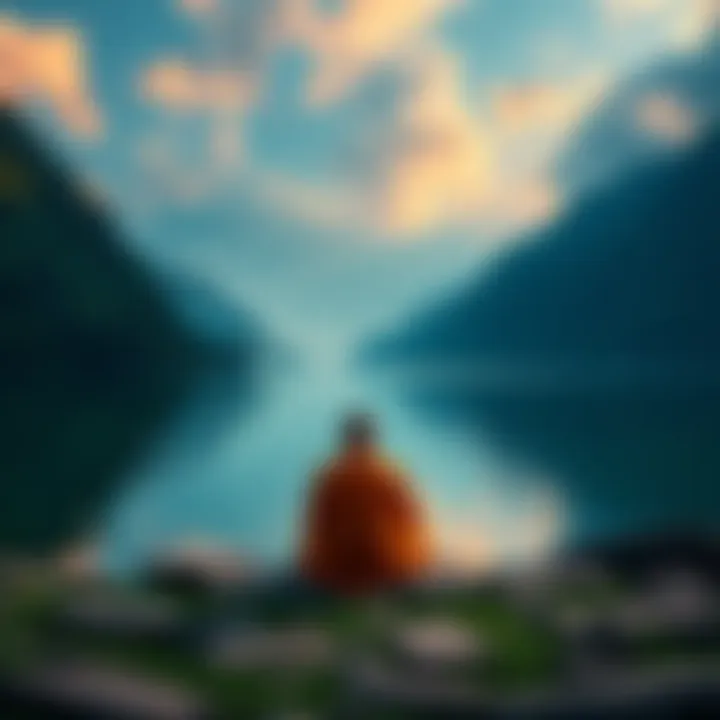 A Buddhist monk sitting peacefully in meditation by a tranquil lake, surrounded by nature