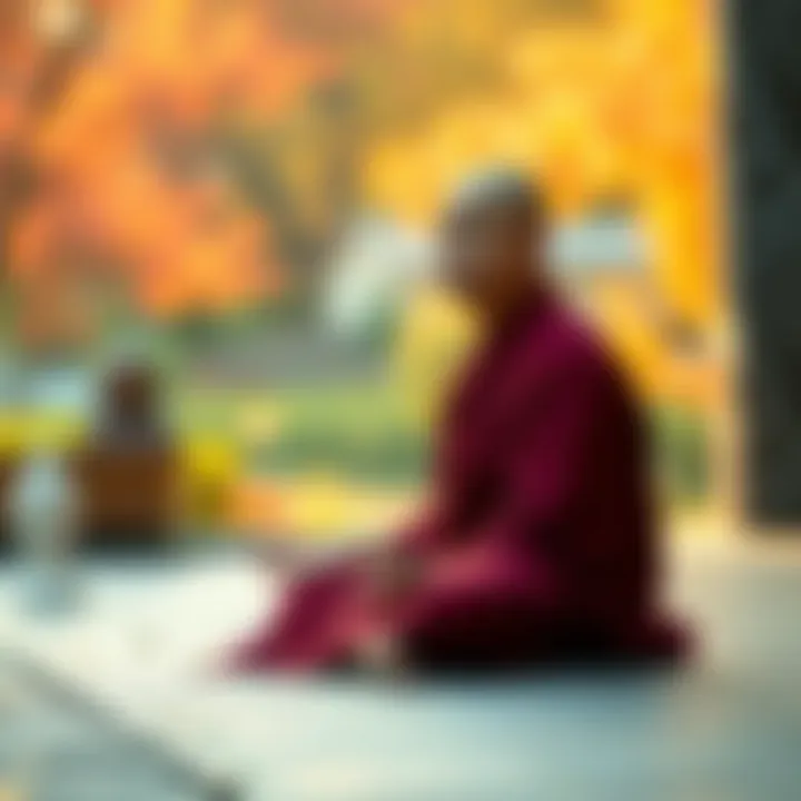 A Buddhist monk in traditional robes meditating in a serene environment