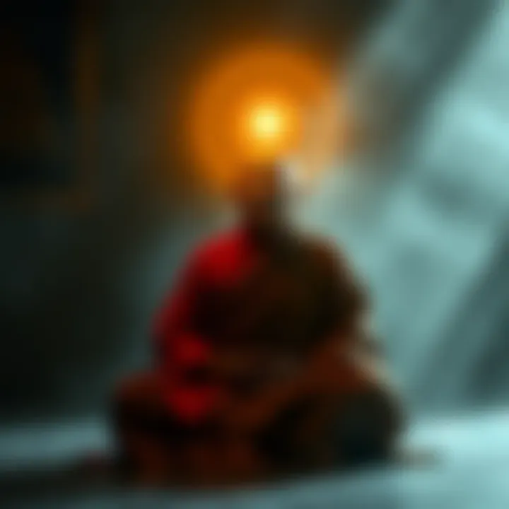 Buddhist monk meditating with a glowing orb A serene Buddhist monk in traditional robes meditates peacefully, surrounded by soft light and a mysterious glowing orb above him, symbolizing a connection to non-human intelligences.
