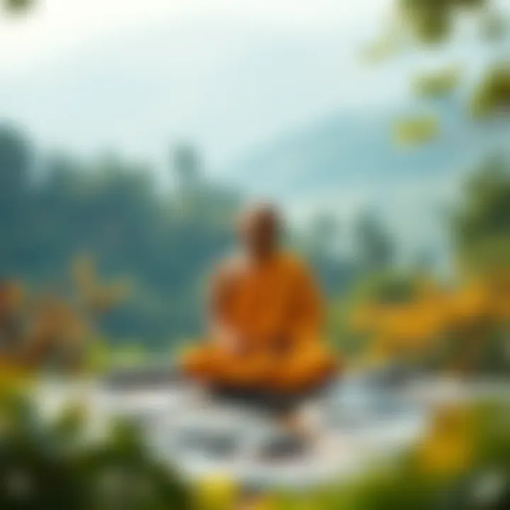 A Buddhist monk sitting in meditation, surrounded by serene nature, reflecting on the concept of Self in Mahayana Buddhism.