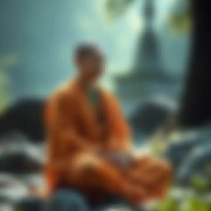Buddhist monk meditating A Buddhist monk sitting in meditation with a serene expression, surrounded by nature, symbolizing peace and enlightenment.