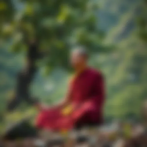 A Buddhist monk sitting peacefully in meditation, surrounded by nature, symbolizing inner peace amidst modern anxieties about AI.