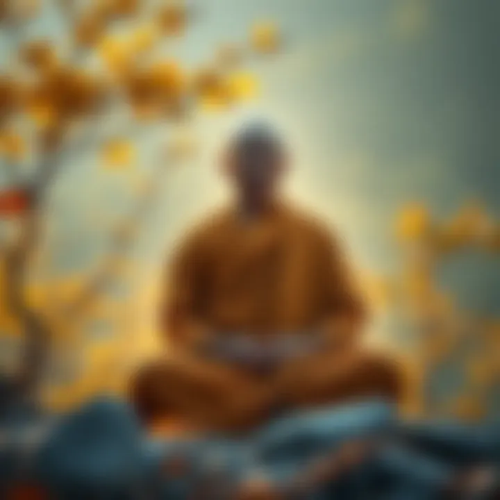 A Buddhist monk sitting peacefully in meditation with a serene expression, surrounded by nature, symbolizing the quest for nirvana and enlightenment.