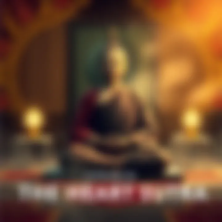 A Buddhist monk sitting peacefully in meditation, surrounded by symbols of emptiness and wisdom, representing the teachings of The Heart Sutra.