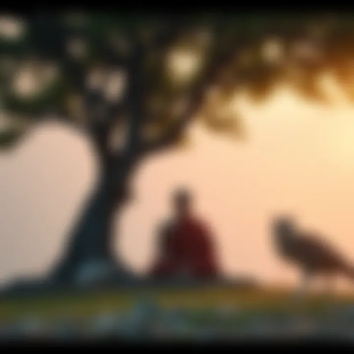 A Buddhist monk sitting in meditation under a tree, reflecting on the concept of no self, surrounded by a peaceful natural setting.