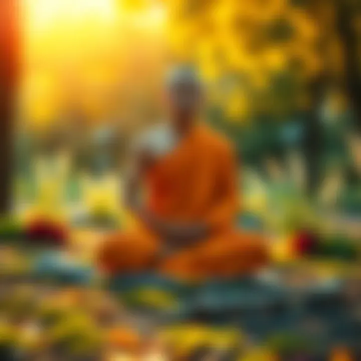 A Buddhist monk sitting cross-legged in meditation, surrounded by nature, symbolizing mindfulness and self-reflection.