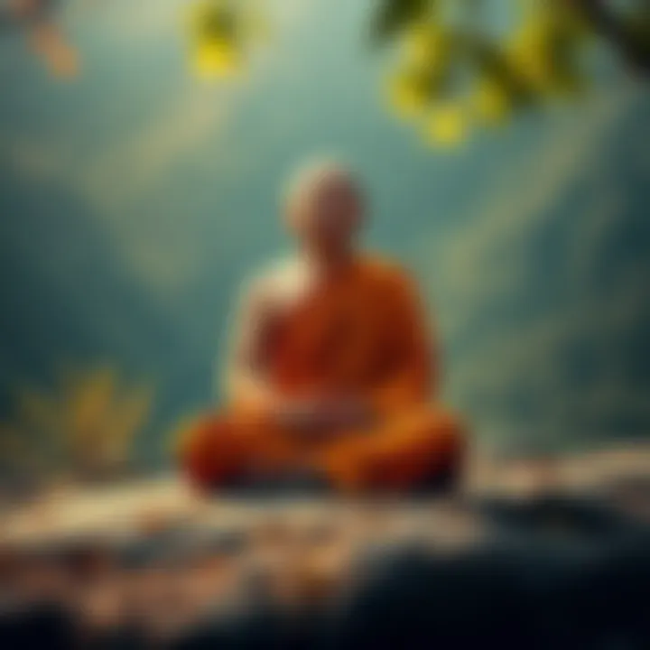 A serene Buddhist monk sits cross-legged in meditation, surrounded by nature, symbolizing joy and enlightenment.