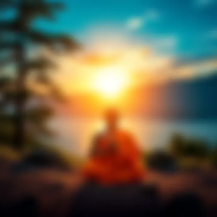 A Buddhist monk sitting peacefully in meditation, surrounded by nature, symbolizing forgiveness and compassion