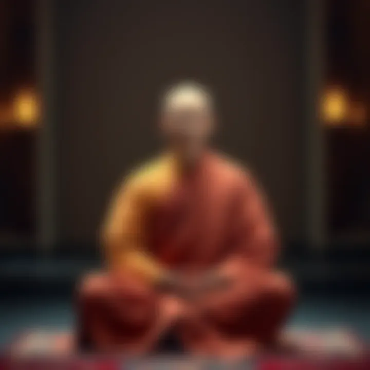 Buddhist monk meditating A Buddhist monk in traditional robes sitting peacefully in meditation, symbolizing non-violence and inner calm.