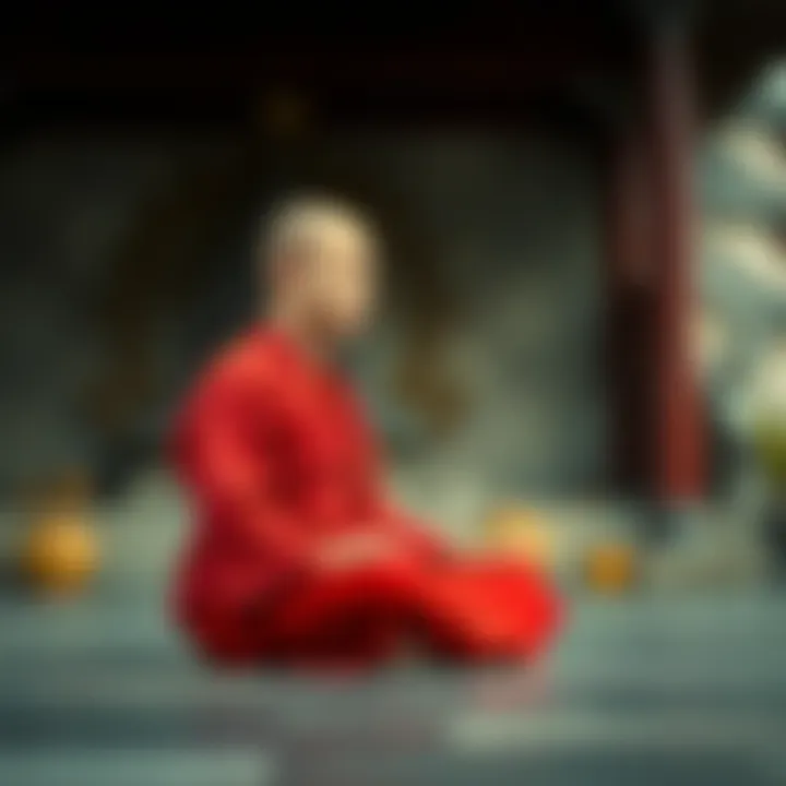 A serene Buddhist monk in traditional robes meditating peacefully in a tranquil setting, symbolizing Buddhism's teachings on peace and non-violence.