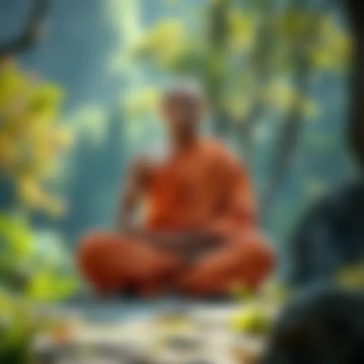 A peaceful Buddhist monk sitting cross-legged in meditation, surrounded by nature, symbolizing detachment and mindfulness.
