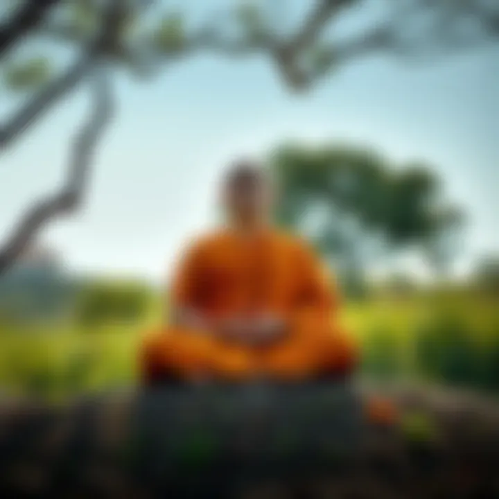 A Buddhist monk sitting cross-legged under a tree, surrounded by nature, practicing meditation with a serene expression, symbolizing peace and personal growth.