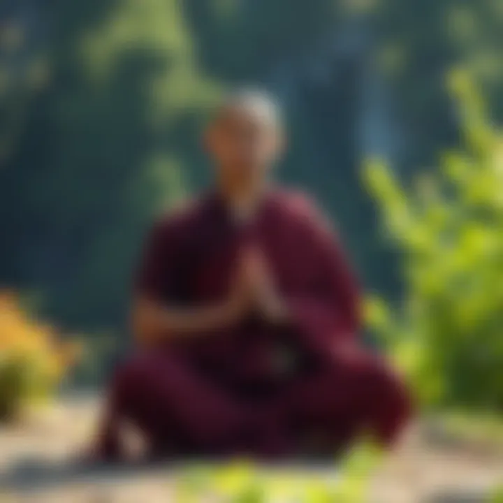 Buddhist monk meditating outdoors A serene Buddhist monk sitting cross-legged in nature, surrounded by greenery, practicing meditation for healing and motivation.