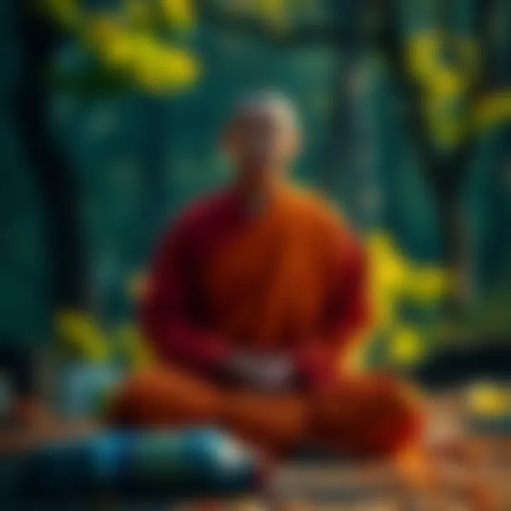 A Buddhist monk sitting peacefully in meditation with a serene expression, surrounded by nature and soft sunlight filtering through the trees.