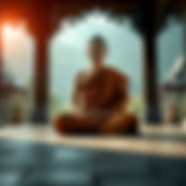 A Buddhist monk sitting peacefully in meditation with a serene expression in a tranquil setting, symbolizing non-hatred and compassion.