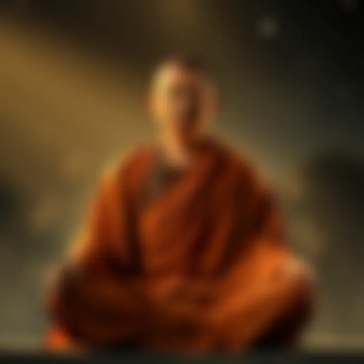 Buddhist monk meditating A Buddhist monk sitting in a meditative pose with a serene expression, surrounded by soft light and a hint of starry sky, symbolizing a connection with non-human intelligences and higher consciousness...