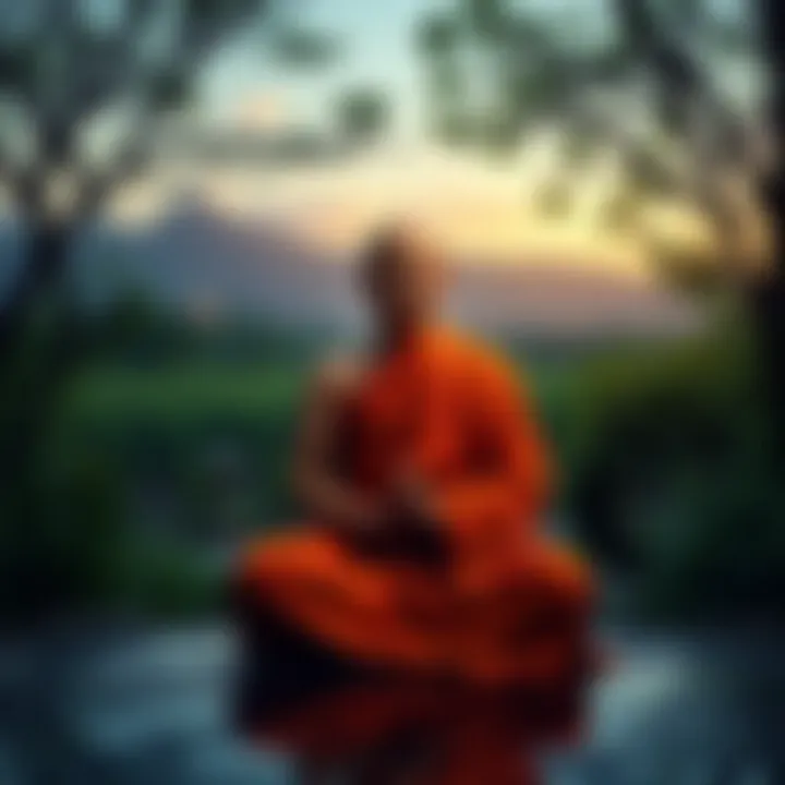 A Buddhist monk practicing meditation in a serene outdoor setting, surrounded by nature, reflecting peace and tranquility.