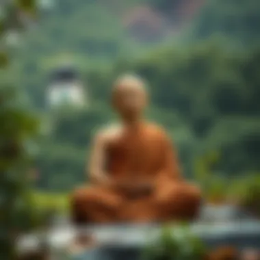 Buddhist monk meditating A Buddhist monk sits peacefully in meditation surrounded by nature, representing calmness and reflection on life's meaning.
