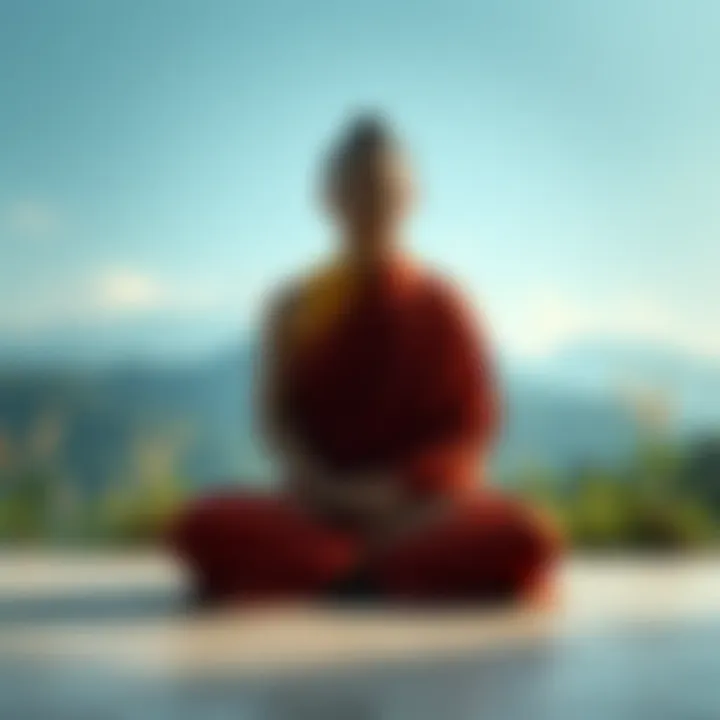 A Buddhist monk sitting cross-legged in meditation, surrounded by a serene landscape, reflecting on the concept of emptiness.