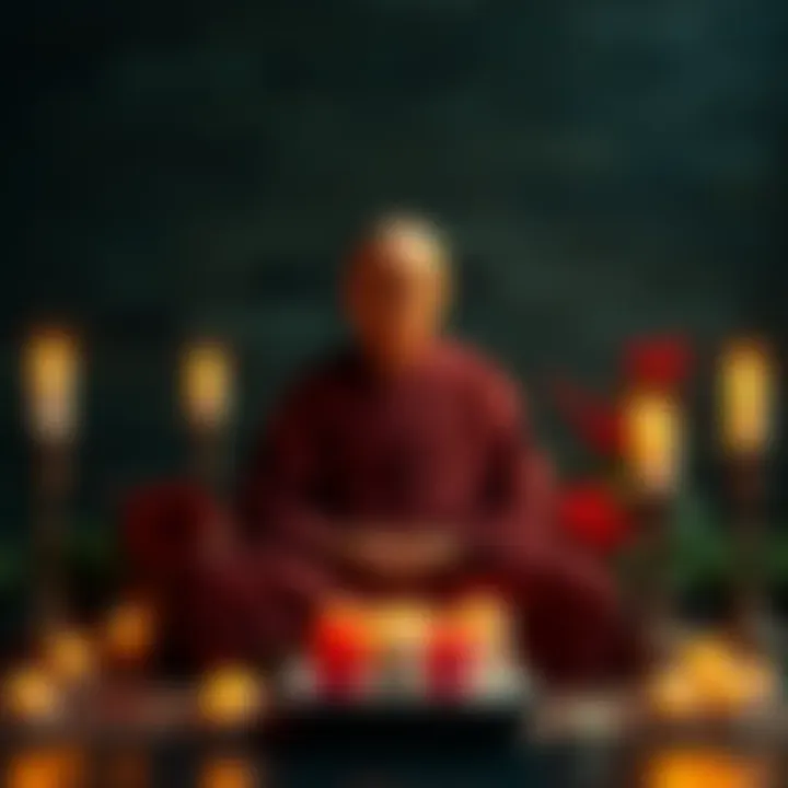 Buddhist monk in meditation A Buddhist monk sits in meditation, surrounded by candles and flowers, reflecting on loss and compassion
