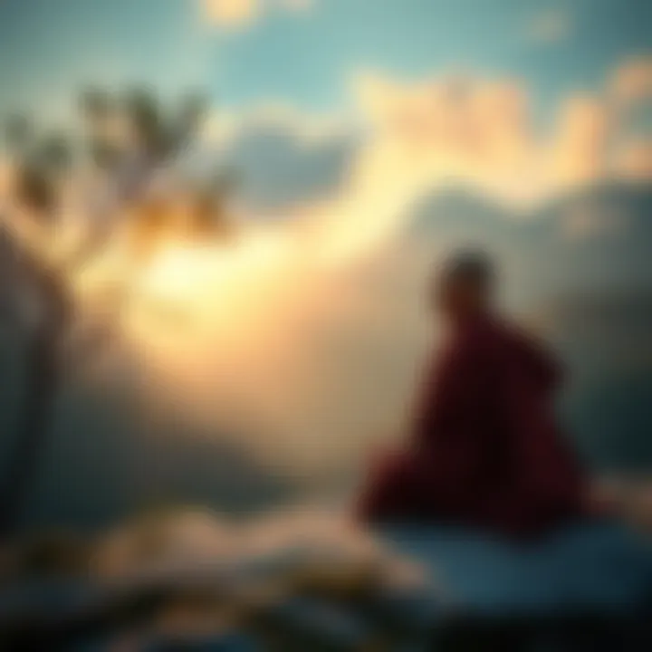 A Buddhist monk sitting peacefully in meditation, surrounded by nature, symbolizing mindfulness and hope amidst societal challenges.