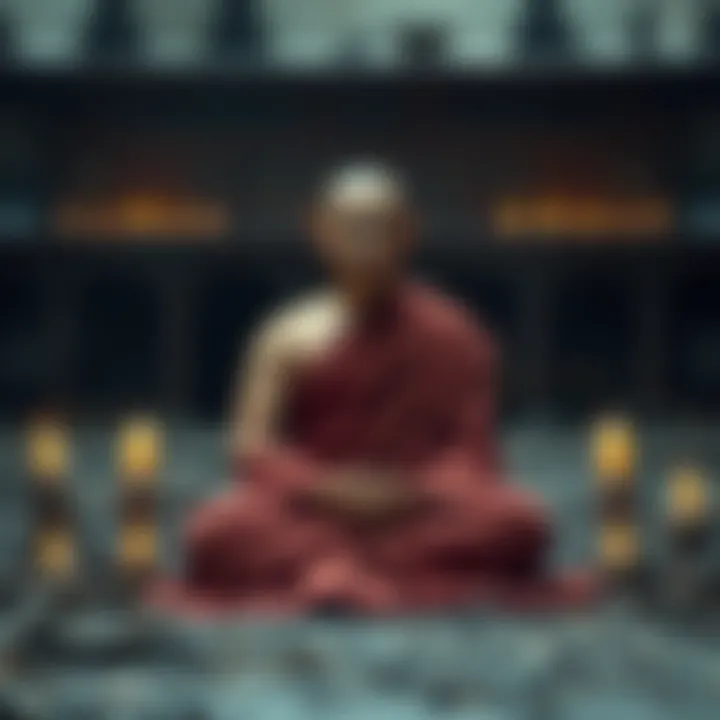 Buddhist monk reflecting on decay A Buddhist monk sitting in meditation, surrounded by symbols of decay representing the nine stages, with serene expression