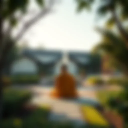 A Buddhist monk meditating in a peaceful garden in Southern California, surrounded by nature and tranquility.