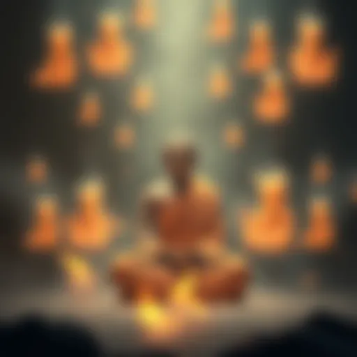 A serene Buddhist monk in meditation, surrounded by gentle, glowing spirits representing deceased loved ones.