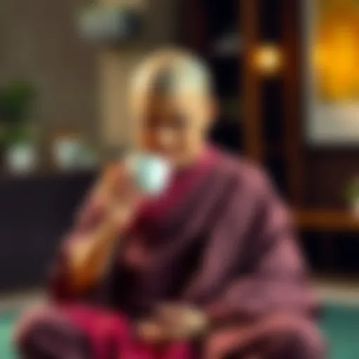 A Buddhist monk enjoying a cup of tea while meditating, reflecting on caffeine's effects on mindfulness.