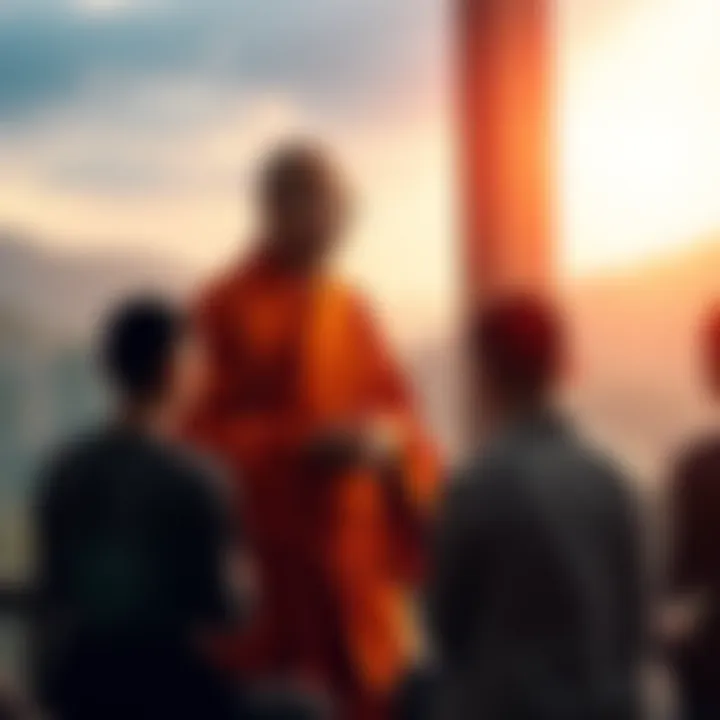A Buddhist monk stands in front of students in a serene setting, explaining meditation techniques.