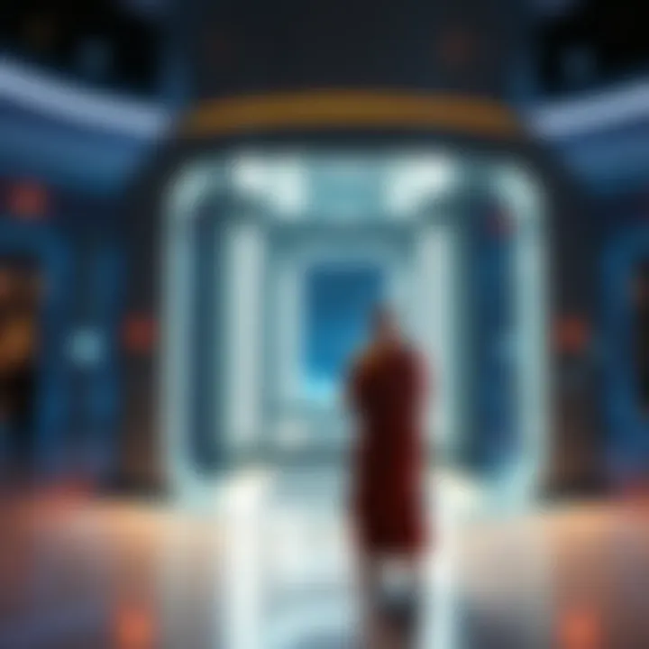 A Buddhist monk stands calmly beside a futuristic teleporter, reflecting on the concept of anatta and the nature of consciousness, with science fiction elements in the background.
